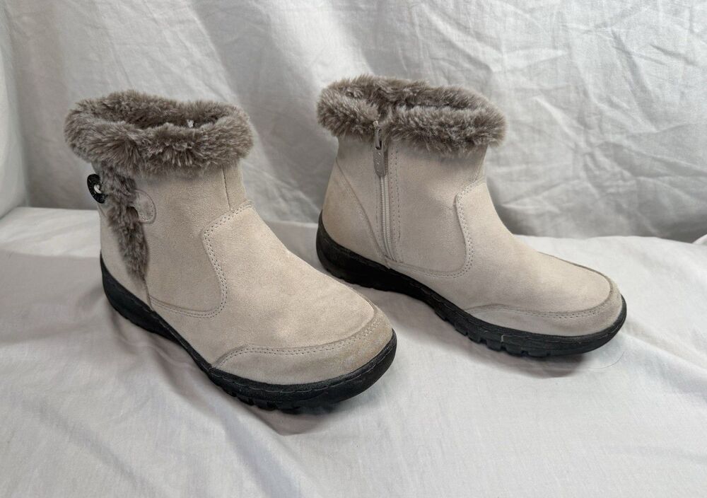 Womens Size 6 Khombu Iris Suede Winter Faux Fur Ankle Boots Cream Taupe